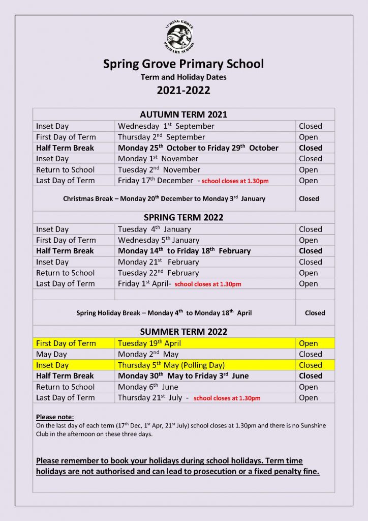 Christmas Holidays In May 2022 Term Dates | Spring Grove Primary School